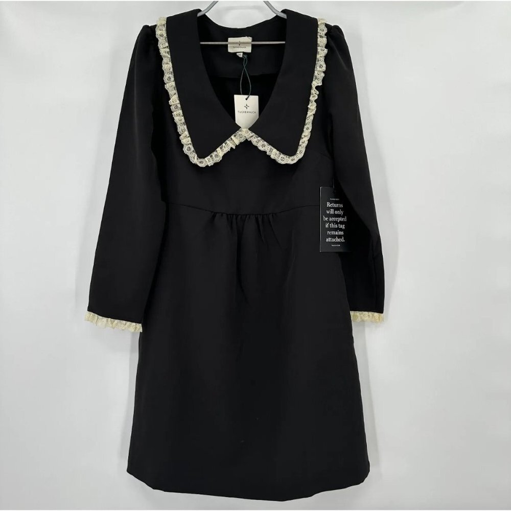 Tuckernuck Black Saxby Dress sz XS NWT Lace Trim Pilgrim Collar Mini Length